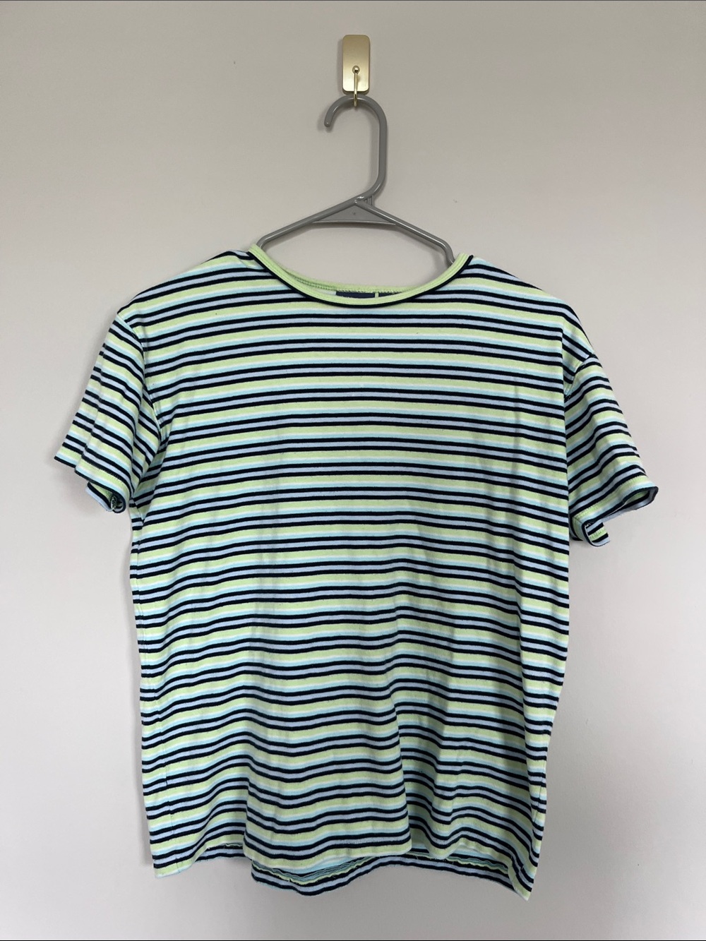 100% Cotton Striped Crew Neck Tee in Light Green and Blue